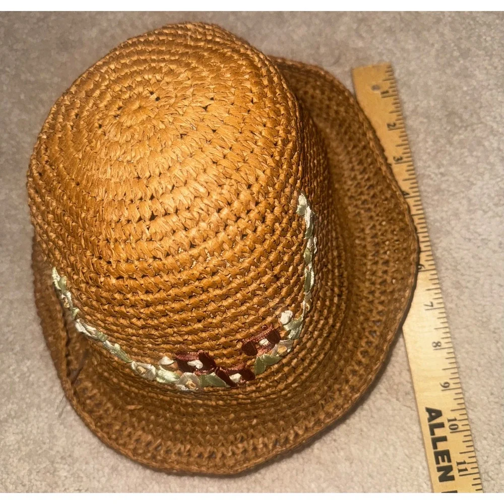Woven Straw Bucket Hat Floral Embellishment Flowers Summer Beach Vacation Women